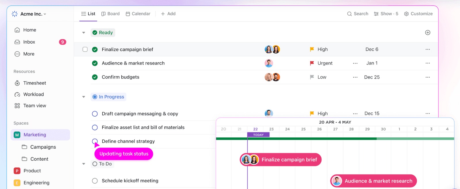 ClickUp là nền tảng linh hoạt với các chế độ xem, quy trình làm việc và tác vụ có thể tùy chỉnh dễ dàng điều chỉnh phần mềm theo nhu cầu quản lý dự án riêng