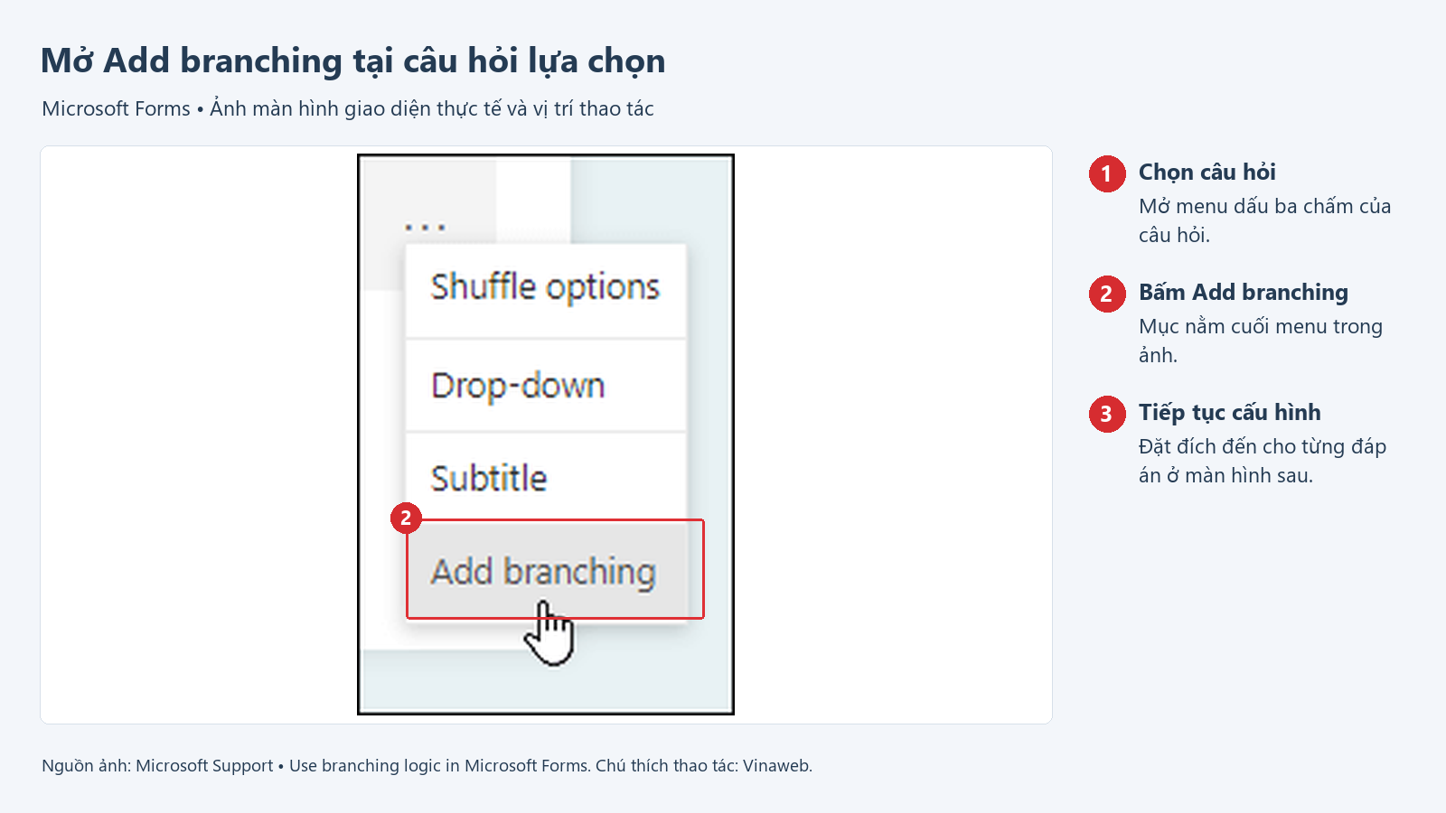 Mở Add branching tại câu hỏi lựa chọn