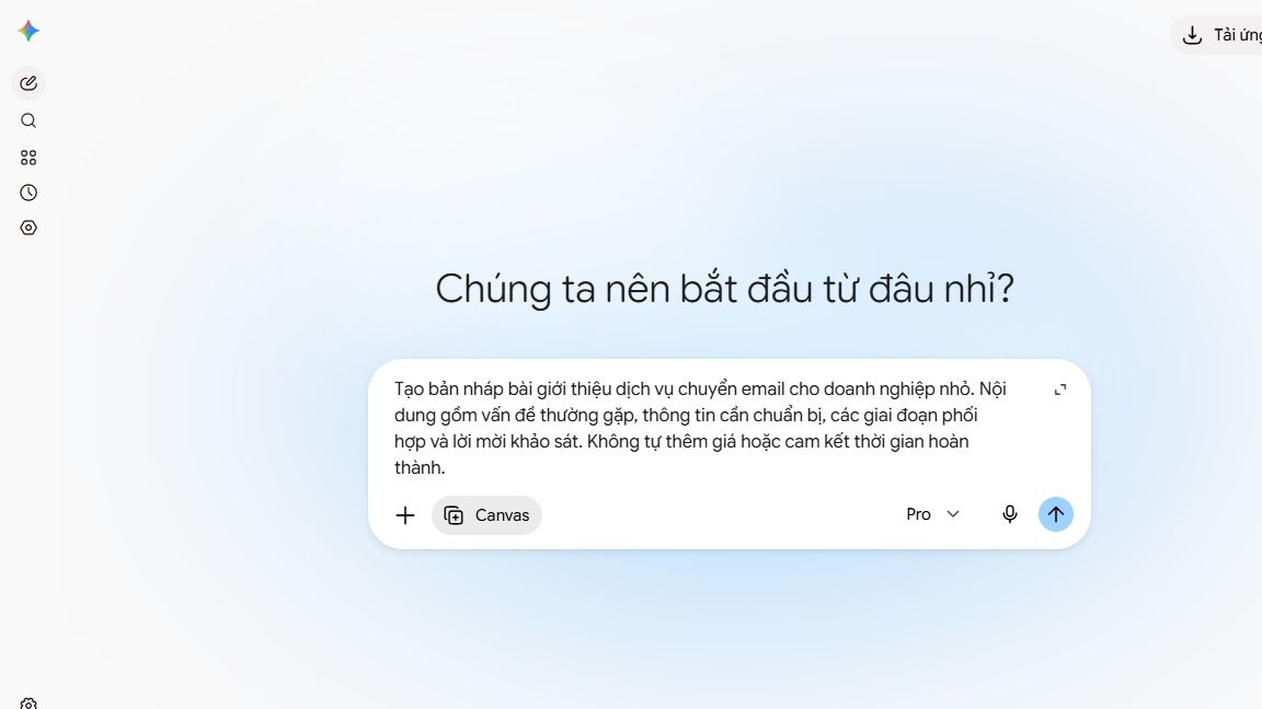 Cách dùng Gemini Canvas biên tập nội dung marketing: nhập yêu cầu mẫu