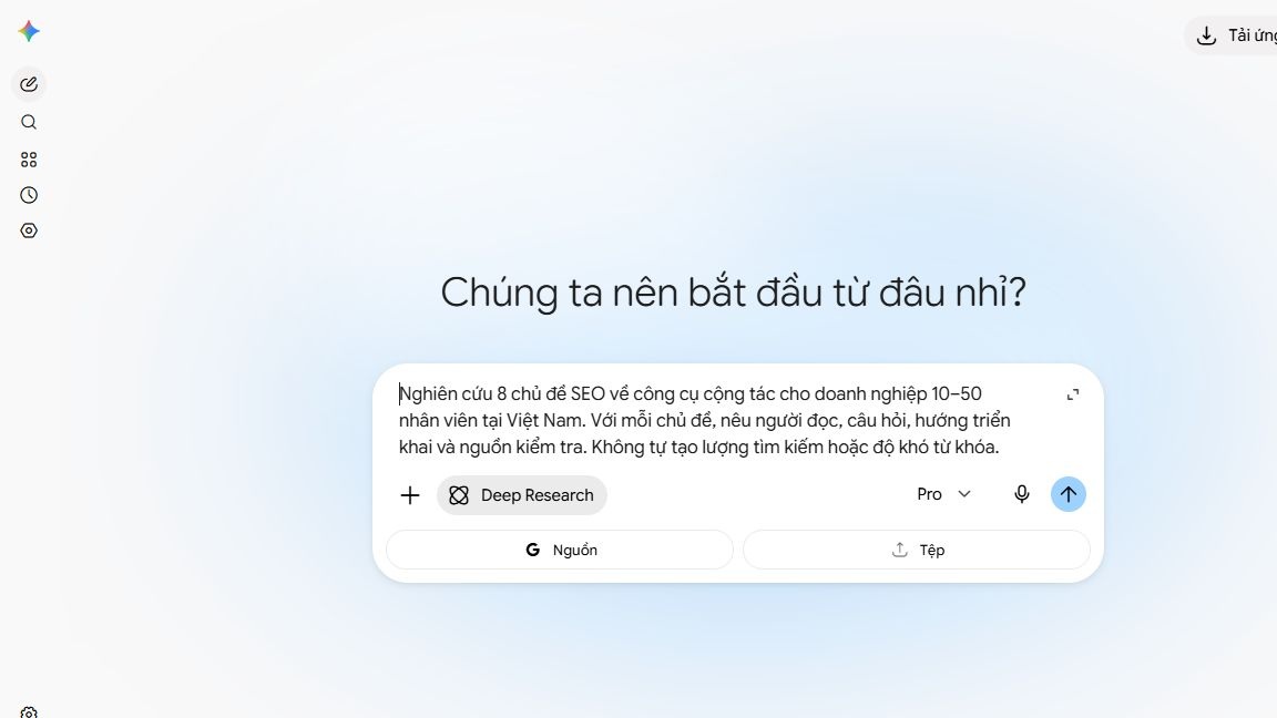 Cách dùng Gemini Deep Research nghiên cứu chủ đề SEO: nhập yêu cầu mẫu