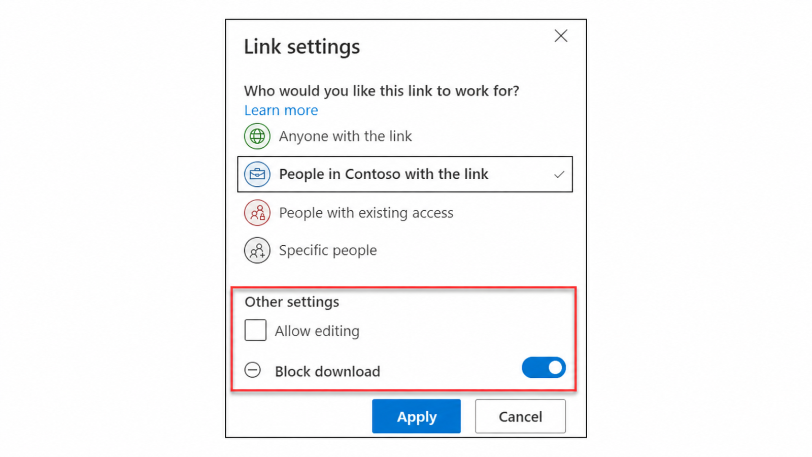 Bỏ Allow editing và bật Block download trong OneDrive