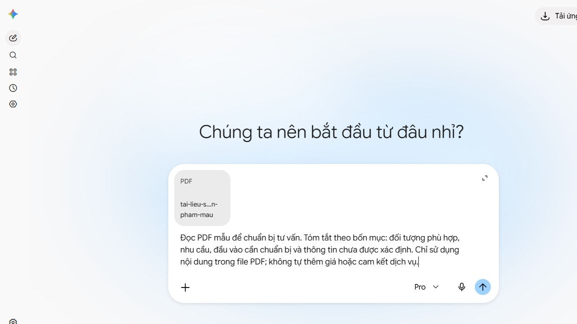 Cách tóm tắt tài liệu PDF bằng Gemini cho công việc: nhập yêu cầu mẫu