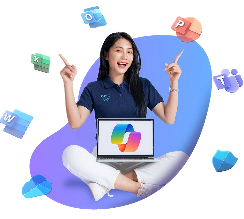 Nhân viên VinaWeb làm việc trên laptop Windows 11 cùng bộ ứng dụng Microsoft